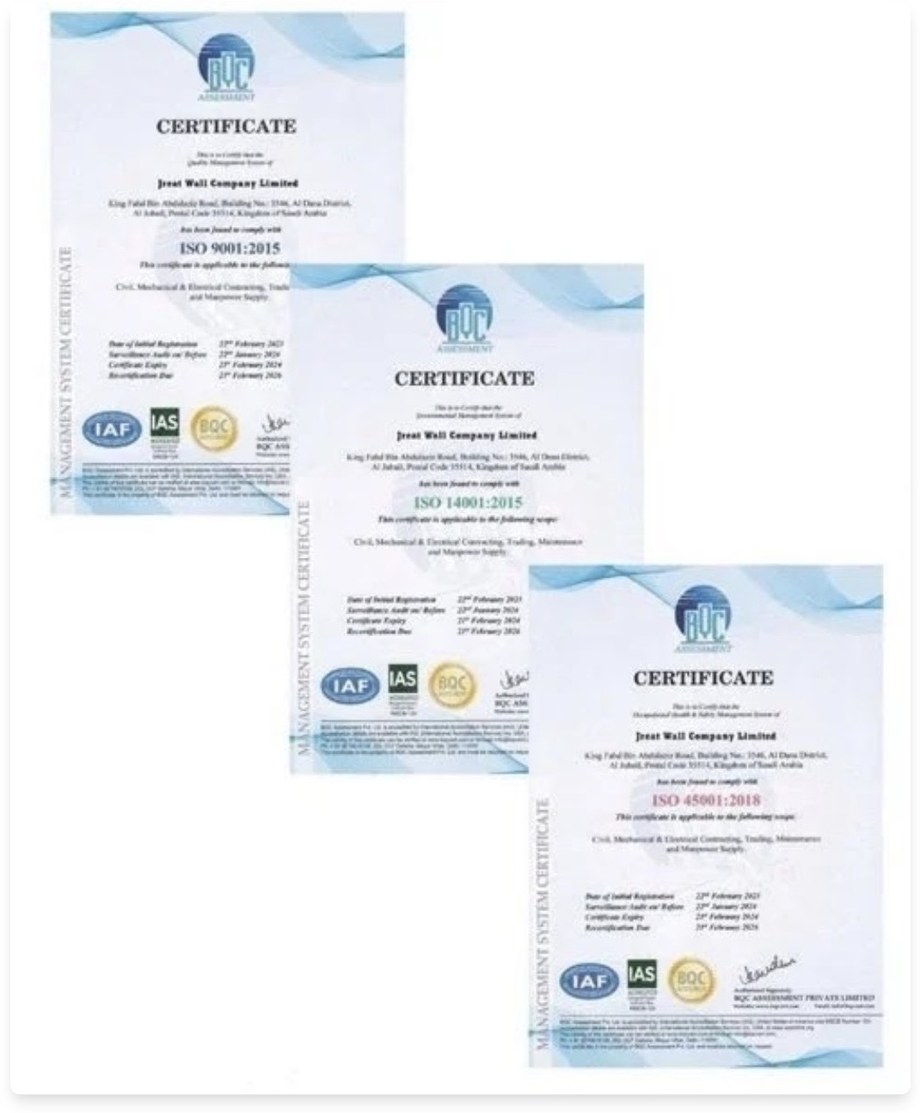 ISO 9001, ISO 14001 & ISO 45001 certificates — Jreat Wall Company Limited